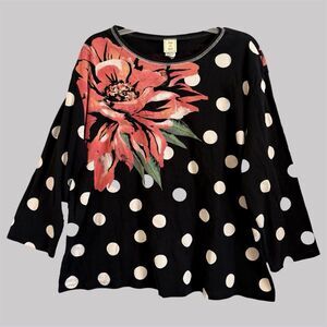 Jess & Jane Floral Polka Dot Top 3X Fun Whimsical Art To Wear Rhinestone Flower